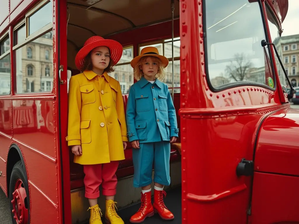 Two children dressed in bright, colour-blocked coats boarding a red London bus — part of the Brix + Bailey kids’ collection