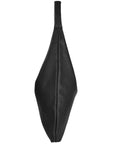 Black leather triangular shoulder bag by Brix + Bailey with front slip pocket at www.brixbailey.com