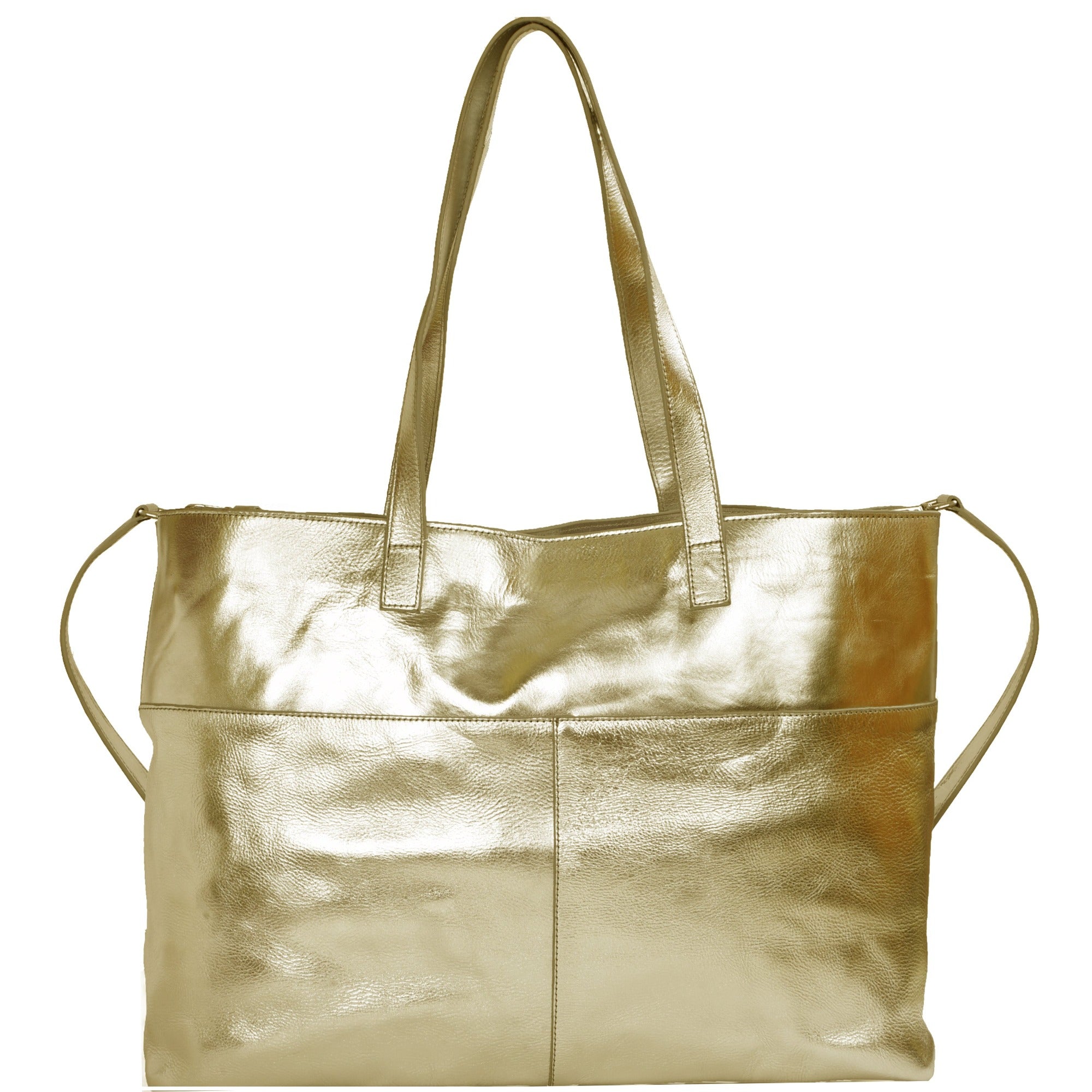 Gold Horizontal Metallic Leather Tote Bag