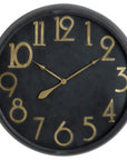 Retro-modern wall clock with brass numerals on black glass face, 80cm diameter, vintage-inspired statement piece by sostter at brixbailey.com