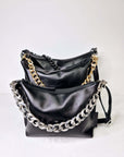 Black Leather Handbag with Metallic Straps