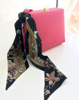 Dark Grey 'Skinny Silk' scarf in the botanical 'Cardiac' Print, delicate, lightweight Twilly style scarf accessory