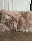Luxury cashmere fur cushion in honey gold, premium soft grey, suedette reverse, 30cm x 50cm, eco-tanned European standards by Wildash London at brixbailey.com