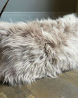 Luxury cashmere fur cushion in honey gold, premium soft grey, suedette reverse, 30cm x 50cm, eco-tanned, stylish home decor by Wildash London at brixbailey.com
