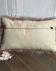 Premium honey gold cashmere fur cushion, ultra soft grey with suedette reverse, luxury 30cm x 50cm eco-tanned European hide by Wildash London at brixbailey.com