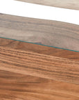 Live edge river dining table with tempered glass center and warm brown wood, modern rustic design. by RoomLondon at brixbailey.com