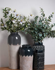 Handcrafted Mediterranean blue ceramic vase with intricate patterns, rectangular shape, 32cm height, for home decor. by Sostter at brixbailey.com