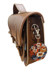Floral Lined Leather Midi Satchel - Chestnut