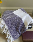 Luxury deep purple chevron organic cotton throw, handloomed oversized blanket, premium soft heavy weight for bed or sofa by Wildash London at brixbailey.com