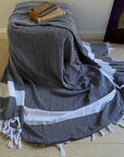Luxury handloomed organic cotton chevron throw, navy blue, premium heavyweight, oversized 200x250cm, stylish zigzag pattern, soft texture by Wildash London at brixbailey.com