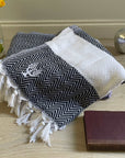 Luxury oversized navy chevron organic cotton throw, handloomed premium heavyweight blanket for bed or sofa, 200cm x 250cm by Wildash London at brixbailey.com