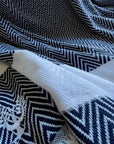 Luxury handloomed organic cotton chevron throw, navy blue, oversized 200x250cm, premium heavyweight, stylish zigzag pattern, best-selling home decor by Wildash London at brixbailey.com