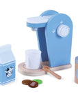 bold wooden coffee play set for kids with coffee machine and pods on a dark background
