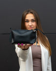Handmade Leather Cosmetic Bag with Zipper and Pocket