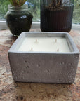 Luxury concrete container candle in minimalist design, modern scents like vintage bookshop, zen, enchanted forest, amber rock salt, vegan eco-friendly by Ralph's Orchard at brixbailey.com