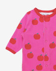 Organic Cotton Baby Sleepsuit with Apple Print, Pink and Red, Snug Fit, Front Snap Buttons, GOTS Certified, Eco-Friendly Dyes by Toby Tiger at brixbailey.com