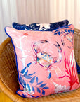 Coral watercolour art Cushion 'Pure shores' double sided design with starfish illustration, made from Vegan friendly Suede