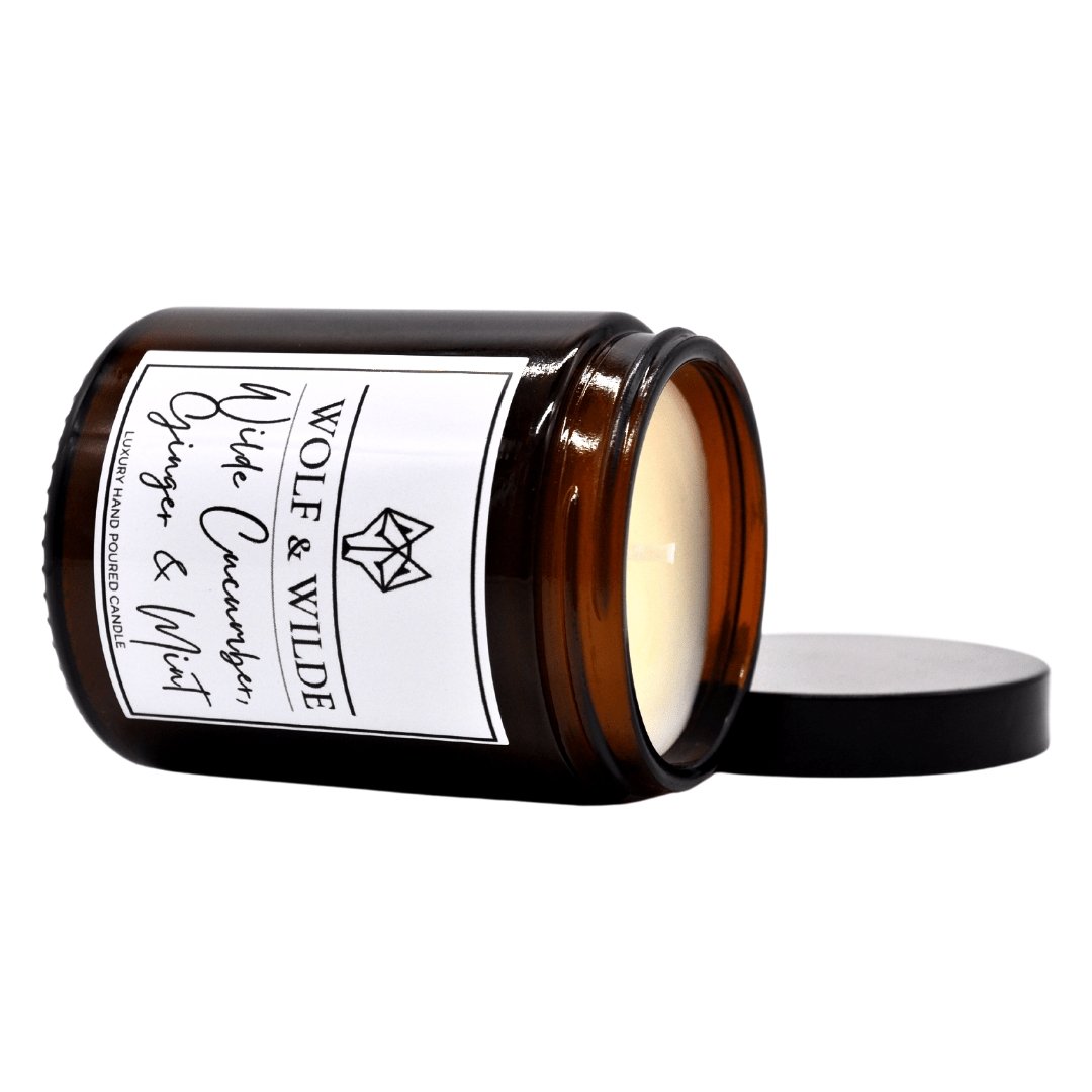 Luxury cucumber ginger mint aromatherapy candle, green floral scent with lemon, spearmint, lily, jasmine, vegan friendly by Wolf & Wilde at brixbailey.com