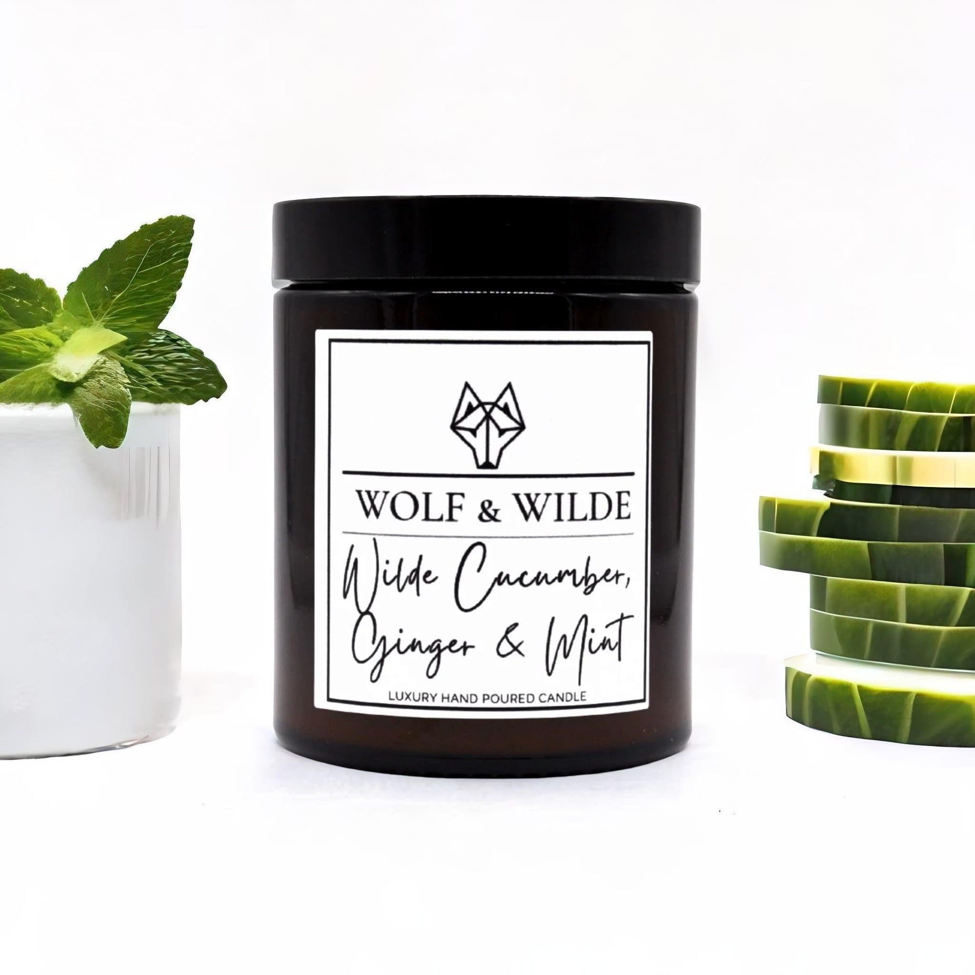 Luxury cucumber ginger mint aromatherapy candle, fresh floral scent with lemon, spearmint, jasmine, rose, musk, vegan friendly by Wolf & Wilde at brixbailey.com