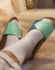 Mint green vegan sandals by CUCUMBER with anatomical footbed and grippy sole at www.brixbailey.com