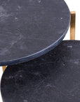 Black and gold marble nesting tables with elegant swirling patterns and metallic base, set of 2 by Sostter at brixbailey.com