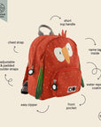 mr parrot kids backpack with chest strap and name tag shown from a functional side angle