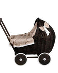 Dark Wicker Doll Pram with Beige Bedding