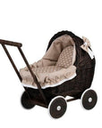 Dark Wicker Doll Pram with Beige Bedding