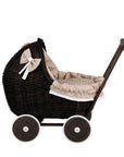 Dark Wicker Doll Pram with Beige Bedding