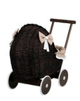 Dark Wicker Doll Pram with Beige Bedding
