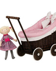 Dark Wicker Doll Pram with Pink Bedding