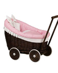 Dark Wicker Doll Pram with Pink Bedding