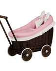 Dark Wicker Doll Pram with Pink Bedding