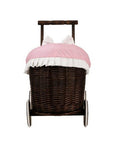 Dark Wicker Doll Pram with Pink Bedding