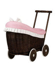 Dark Wicker Doll Pram with Pink Bedding