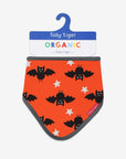 Premium organic baby bandana bib, 100% GOTS certified cotton, soft absorbent fabric, adjustable snap closure, stylish bat print, eco-friendly dyes, machine washable by Toby Tiger at brixbailey.com