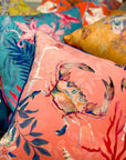Coral watercolour art Cushion 'Pure shores' double sided design with starfish illustration, made from Vegan friendly Suede