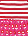 70s inspired floral print dress in purple with red and white stripes, stylish retro vintage baby outfit, premium organic cotton by Toby Tiger at brixbailey.com