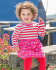 Luxury 70s floral print dress, purple skirt with red-white striped top, 100% organic cotton, stylish and trendy, sizes 6-12 months and 1-2 years by Toby Tiger at brixbailey.com