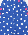 Premium organic cotton polka dot pinafore overall, soft blue with white dots, adjustable straps, snap buttons, cozy jersey lining by Toby Tiger at brixbailey.com