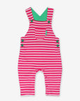 Premium organic cotton striped pinafore overalls, soft pink and white Breton stripes, adjustable straps, snap-button closure by Toby Tiger at brixbailey.com