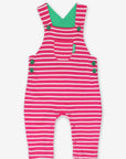 Premium organic cotton striped pinafore overalls, soft pink and white Breton style, adjustable straps, snap-button closure by Toby Tiger at brixbailey.com