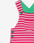 Premium organic cotton striped pinafore overalls, soft Breton pink and white stripes, adjustable straps, snap-button closure by Toby Tiger at brixbailey.com