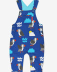 Luxury organic cotton baby overall with parrot diver print, stylish sun clouds waves design, adjustable straps, snap buttons, GOTS certified by Toby Tiger at brixbailey.com