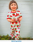 Luxury baby blue organic cotton strawberry print dungarees, adjustable straps, snap buttons, premium Toby Tiger design, best-selling by Toby Tiger at brixbailey.com