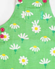 Premium summer denim overalls with daisy print, stylish baby bloomer shorts, adjustable straps, snap buttons, organic cotton by Toby Tiger at brixbailey.com