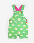 Luxury summer dungaree shorts with daisy print, premium organic cotton, adjustable straps, snap buttons, stylish floral kids romper by Toby Tiger at brixbailey.com