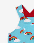 Premium turquoise rainbow print organic cotton overalls, stylish adjustable straps, snap buttons, eco-friendly GOTS certified, summer baby romper by Toby Tiger at brixbailey.com