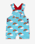 Premium turquoise rainbow print organic cotton romper, adjustable straps, snap buttons, GOTS certified, stylish summer baby outfit by Toby Tiger at brixbailey.com