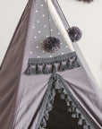 MINICAMP Grey Teepee for Kids - Handmade Pompoms, Boho Play Tent, Durable Cotton & Wood Design by Minicamp at brixbailey.com